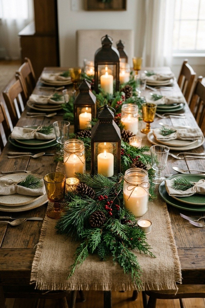 Rustic farmhouse Christmas table with lanterns