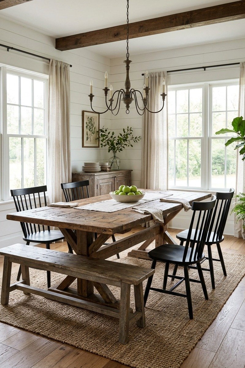 Rustic reclaimed wood farmhouse dining table with bench