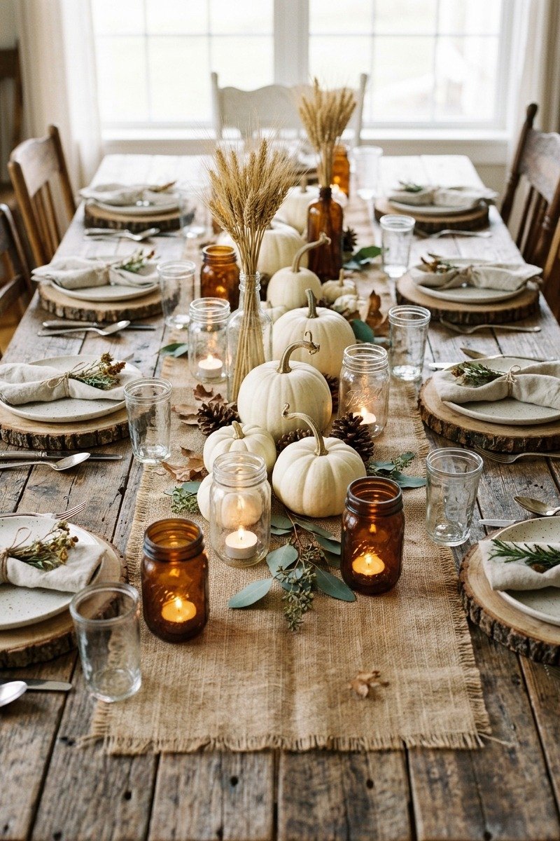 Rustic farmhouse Thanksgiving table with burlap runner