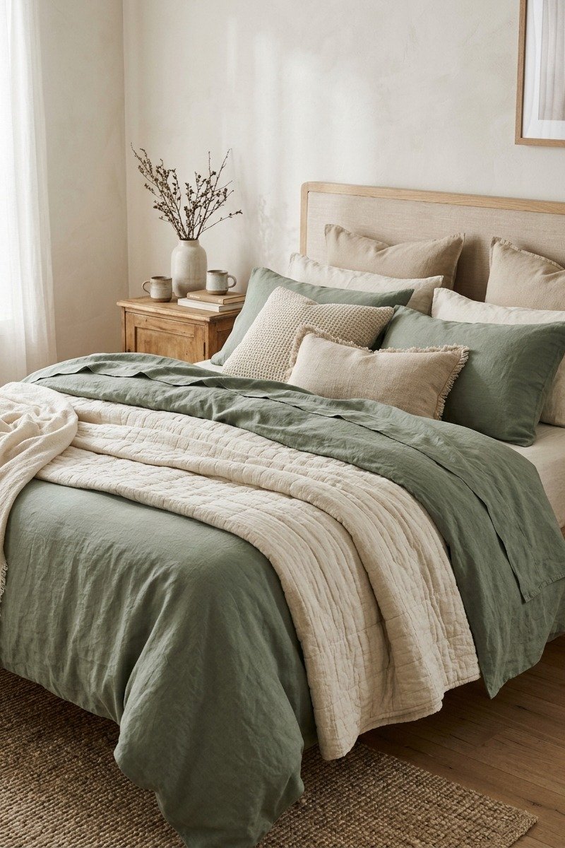 Sage green and cream bedding