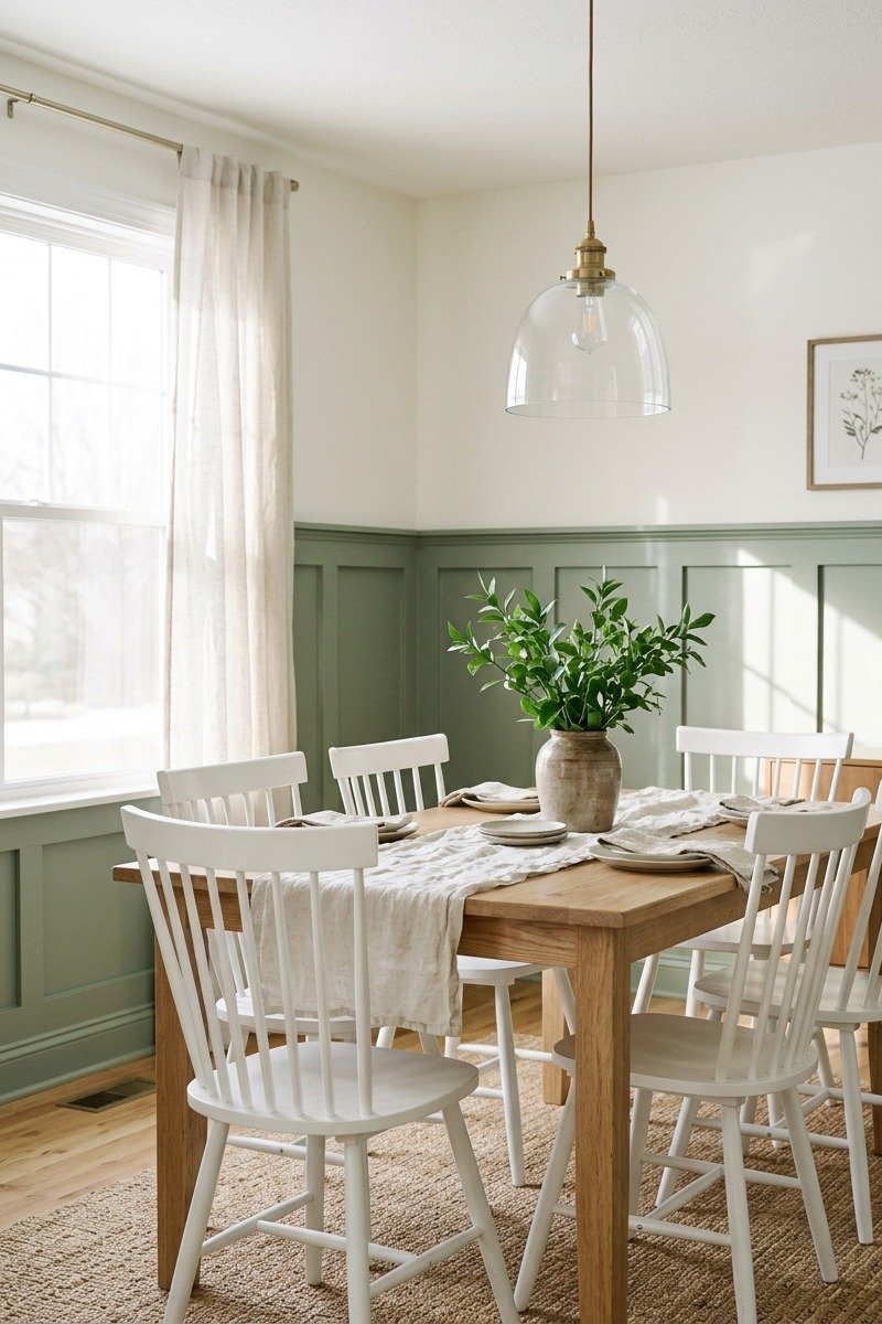 Sage green dining room with wainscoting paneling