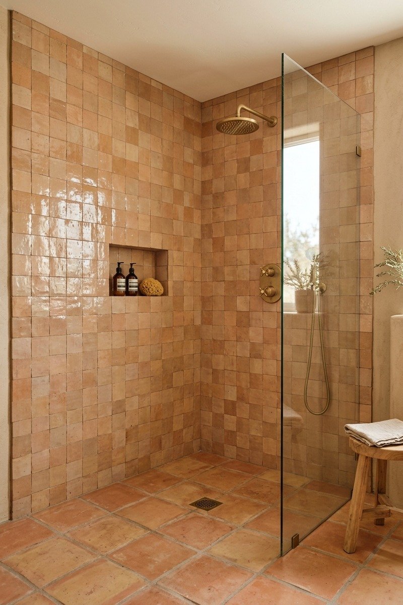 Shower with saltillo and zellige tile