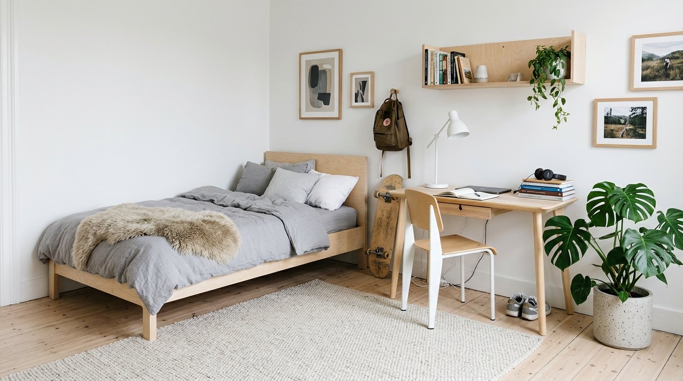 Scandinavian minimalist teen boys bedroom with light wood, white walls and grey textiles