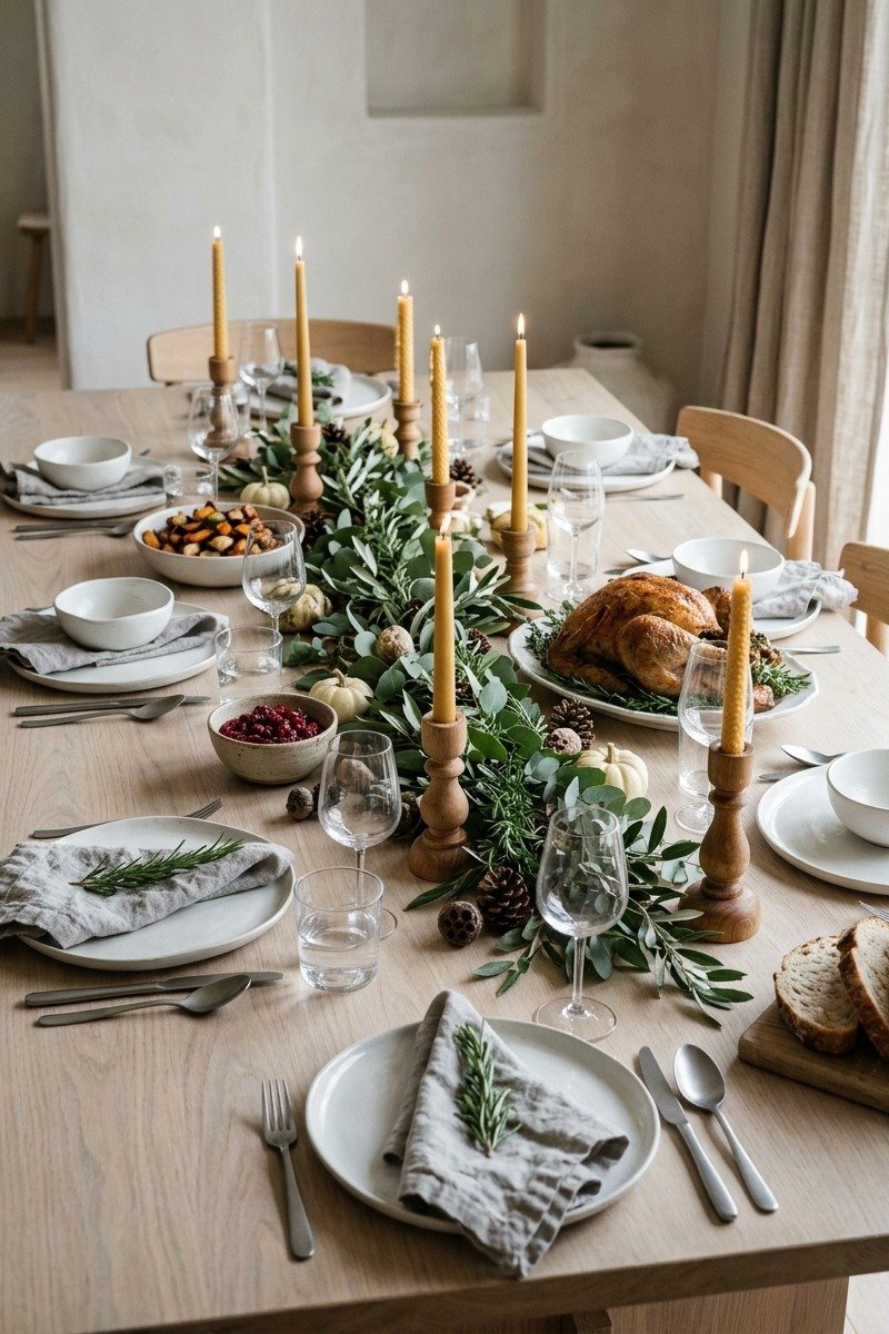 Scandinavian style Thanksgiving table with wood and candles