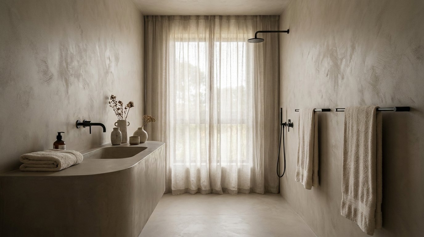 Seamless warm grey microcement bathroom with walk-in shower and no grout lines