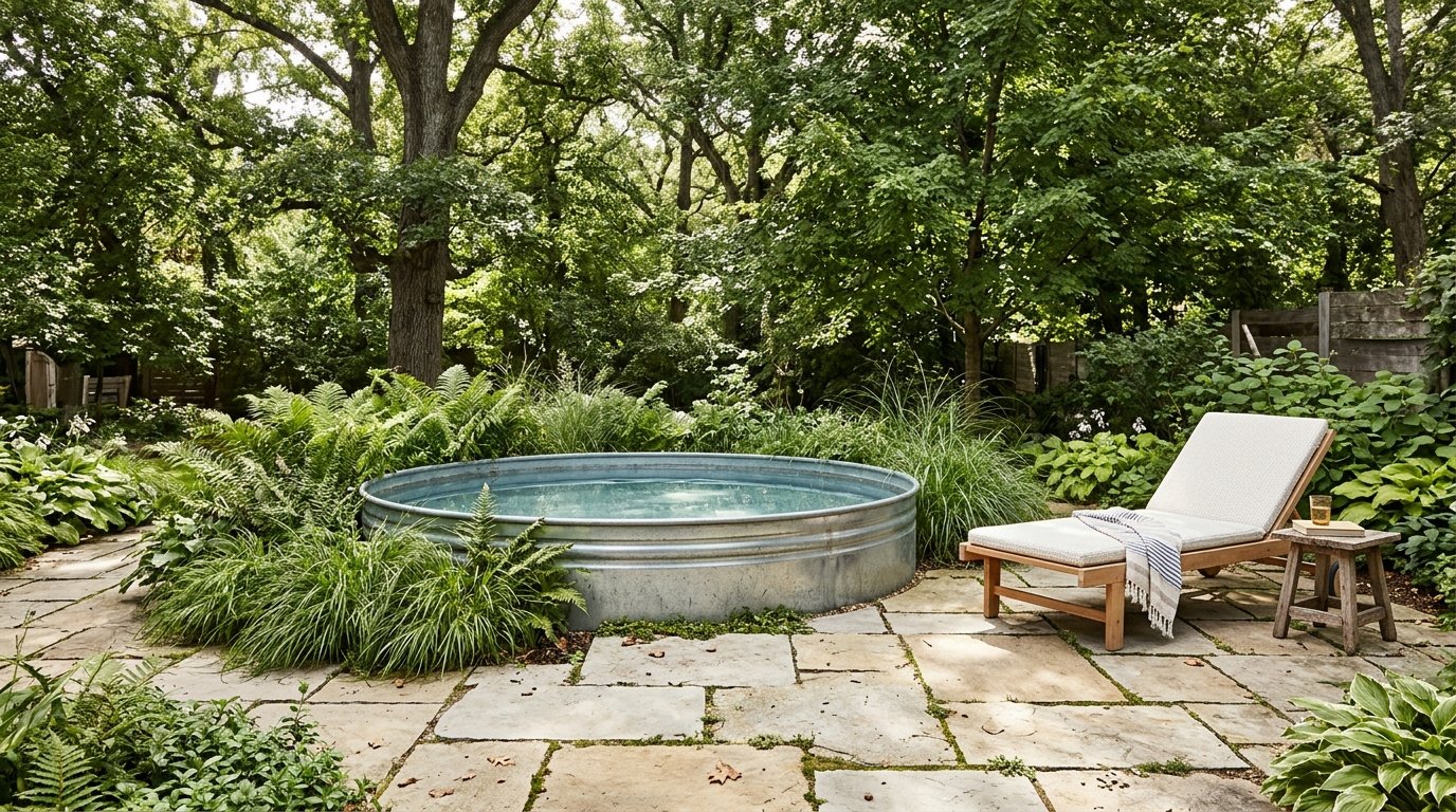 Semi in-ground stock tank pool surrounded by stone pavers and plants