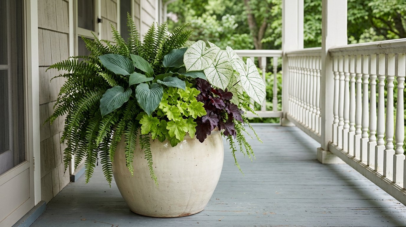 Shade planter with hostas, ferns and colorful heuchera