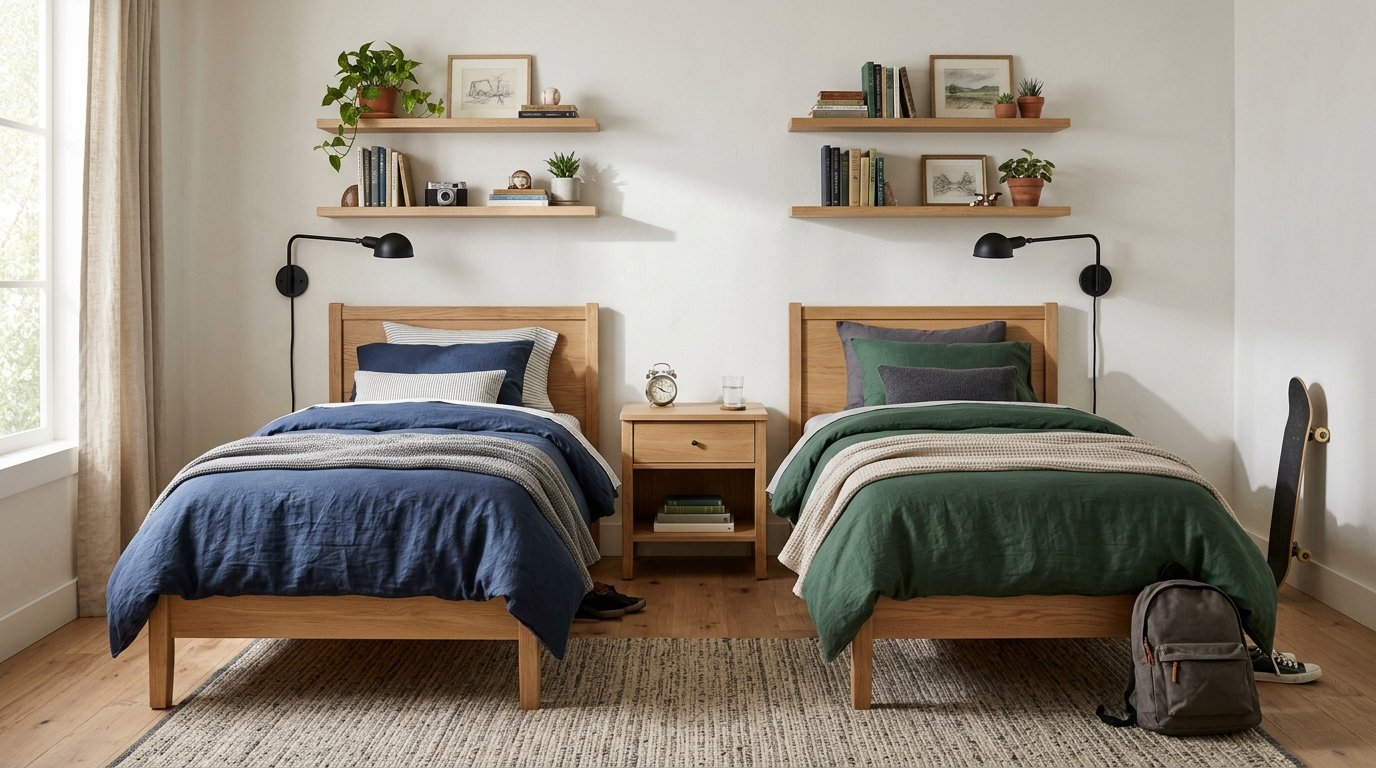 Shared older boys bedroom with two twin beds, individual lights and shelves