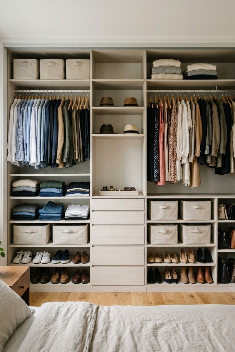 Shared closet divided into two zones