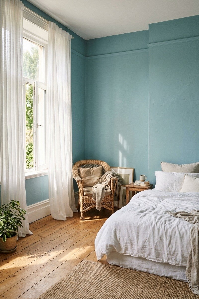 Sheer white curtains in a turquoise and white bedroom