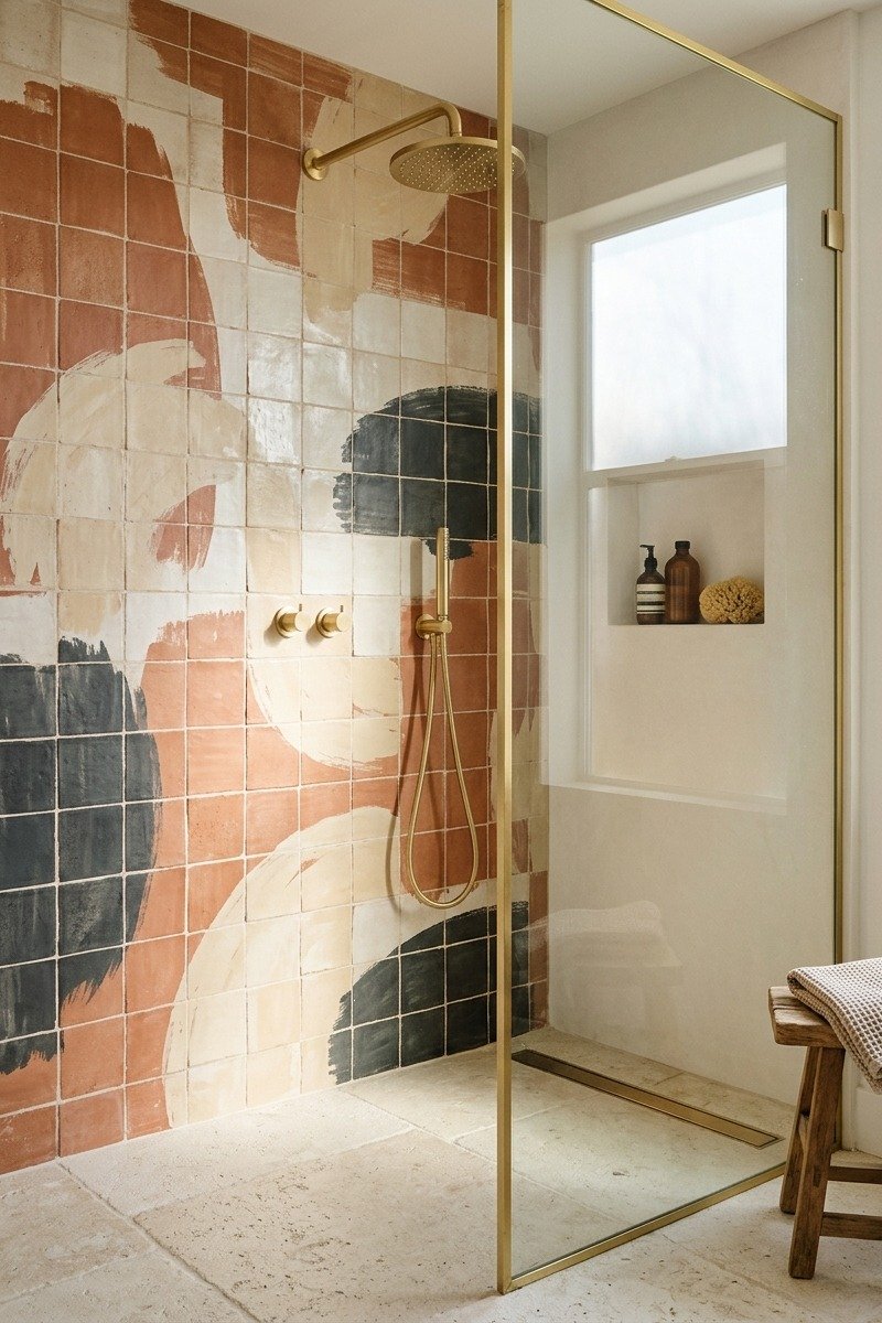 Shower with abstract canvas tile design