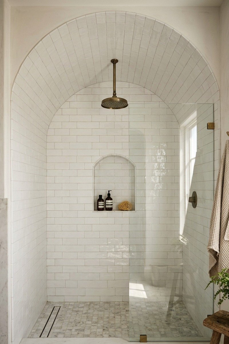 Shower with arched shower ceiling tile design