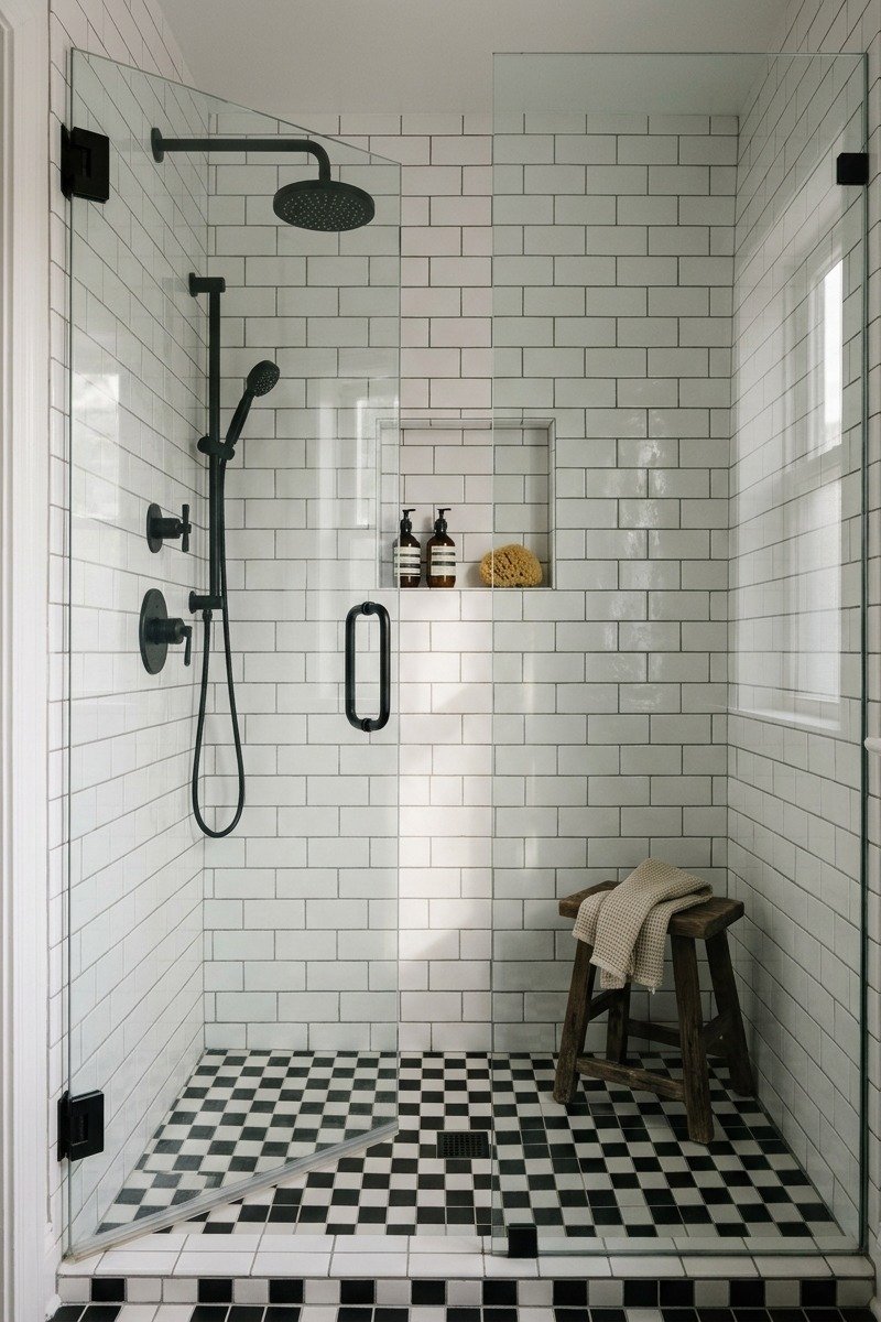 Shower with black and white shower tile tile design