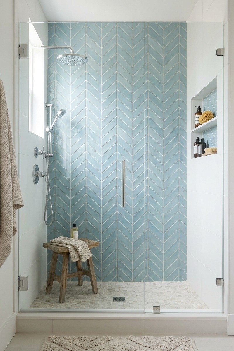 Shower with chevron blue tile tile design