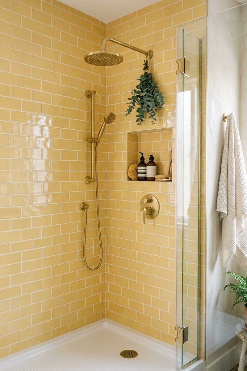 Shower with colorful subway tile tile design