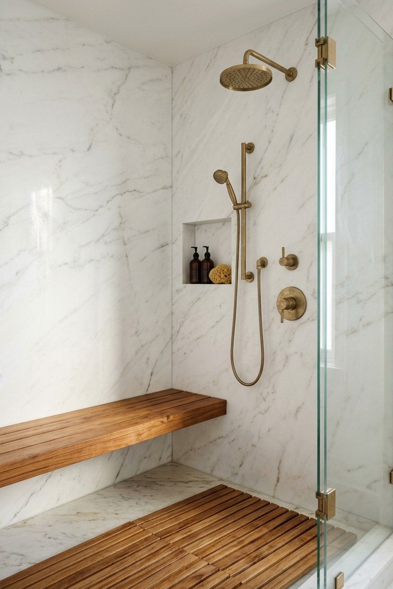 Shower with complement materials tile design