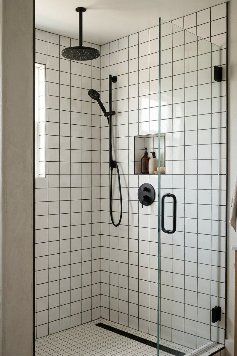 Shower with contrasting grout tile design