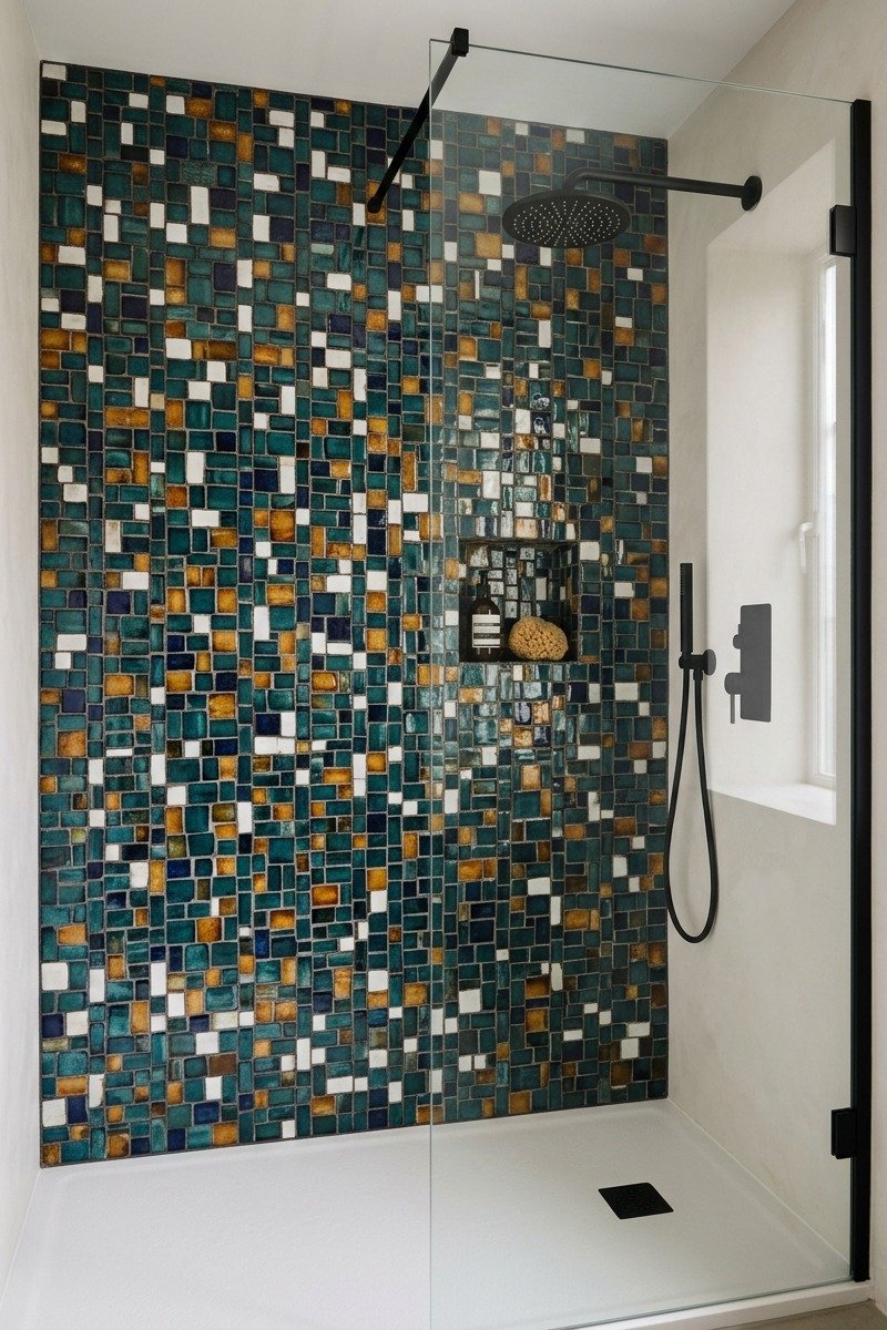Shower with eclectic shower tile mosaic tile design
