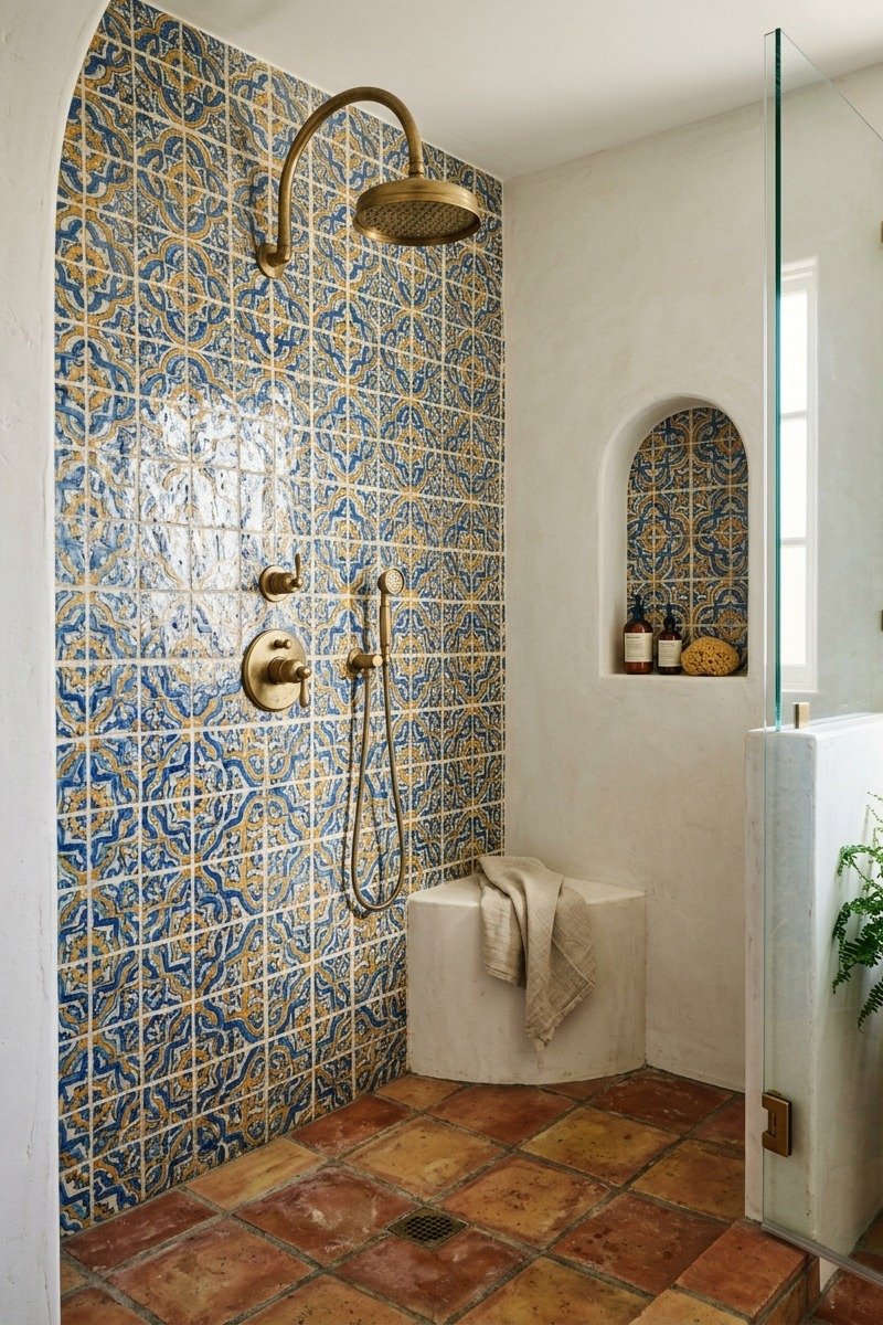 Shower with mediterranean motif tile design