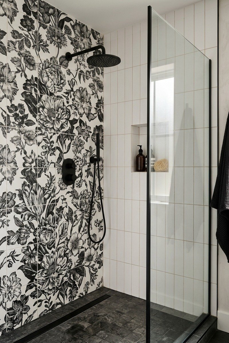 Shower with monochrome floral accent wall tile design
