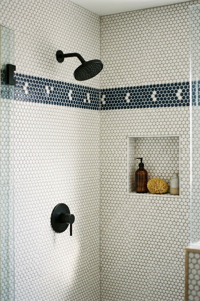 Shower with penny tile pattern tile design