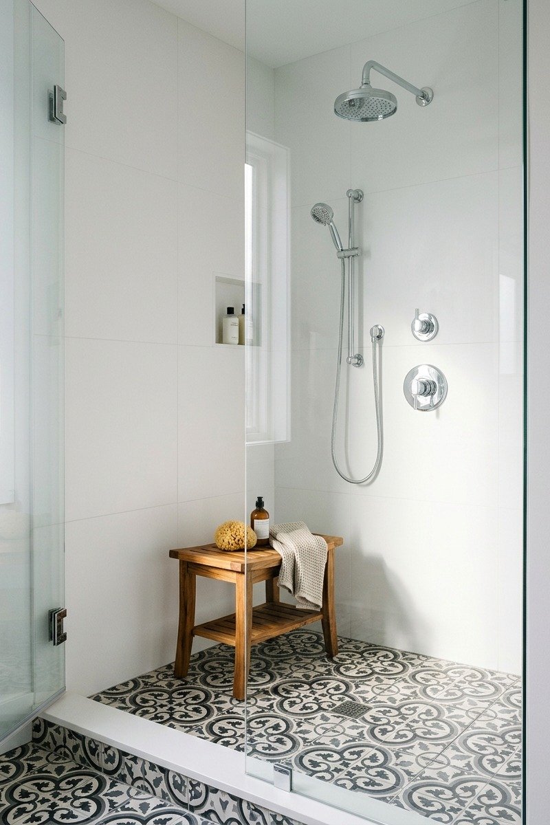 Shower with small patterned shower tile tile design