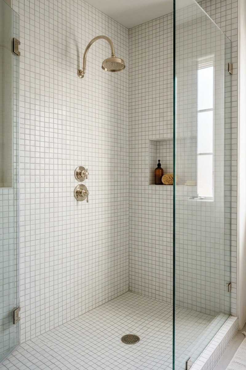 Shower with small scale mosaic tile design