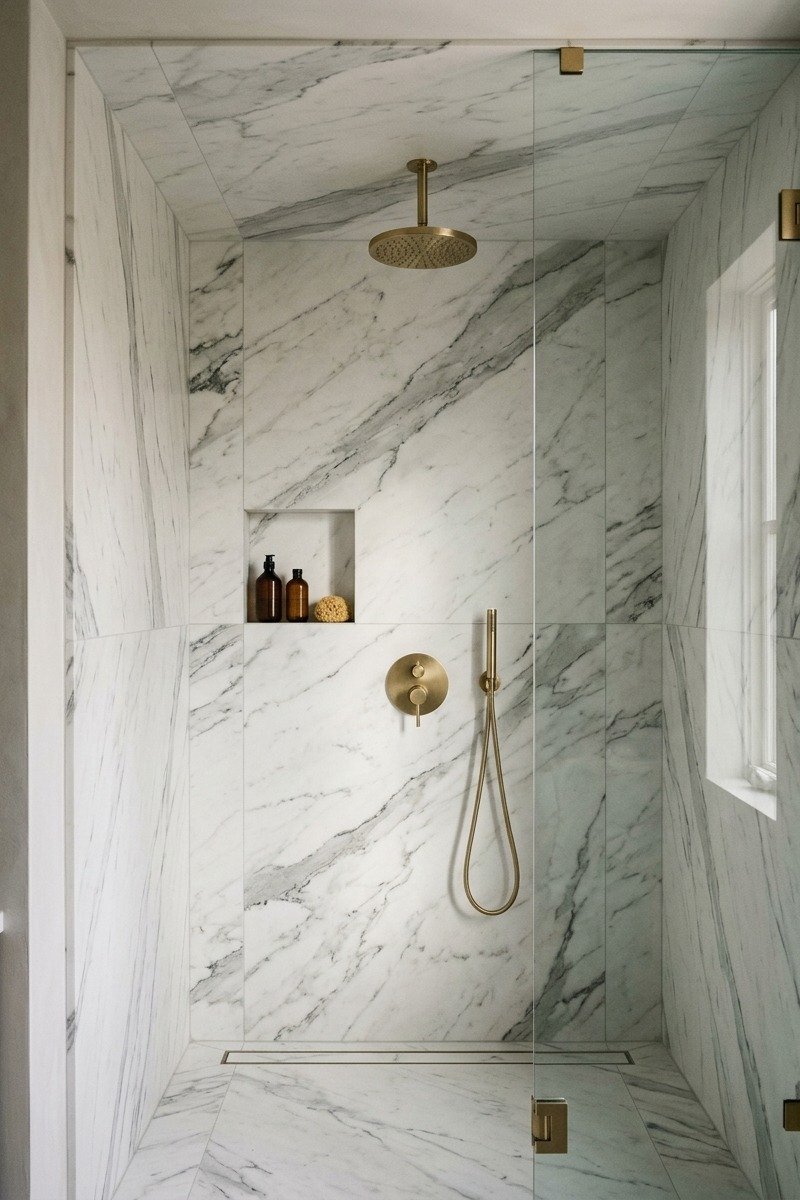 Shower with tiled ceiling tile design