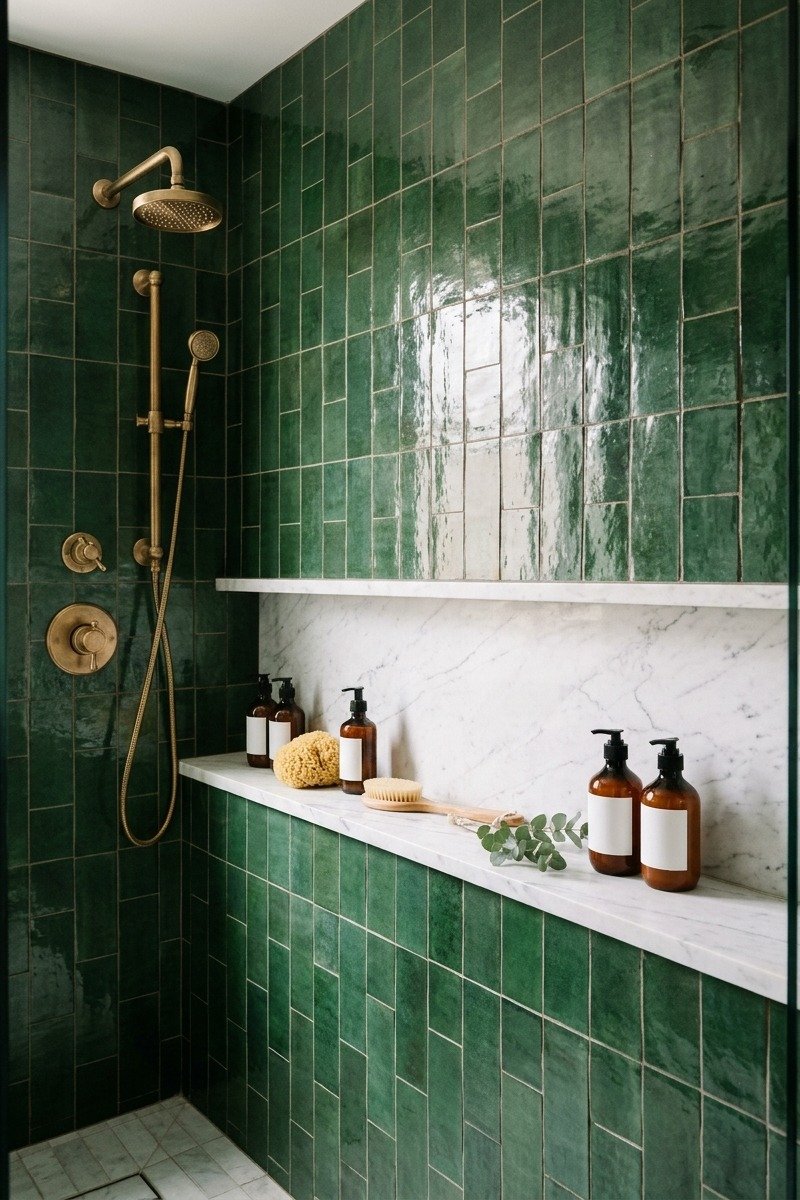 Shower with tiled shower shelf tile design