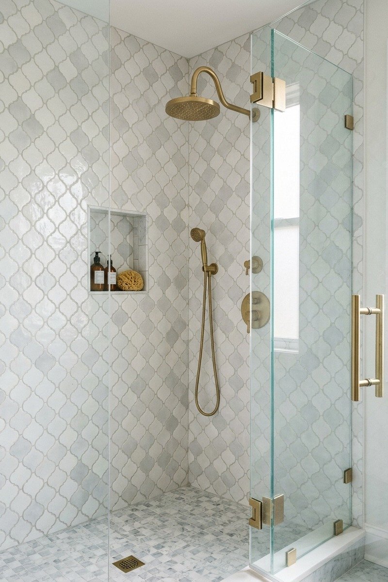 Shower with use patterned shower tiles tile design
