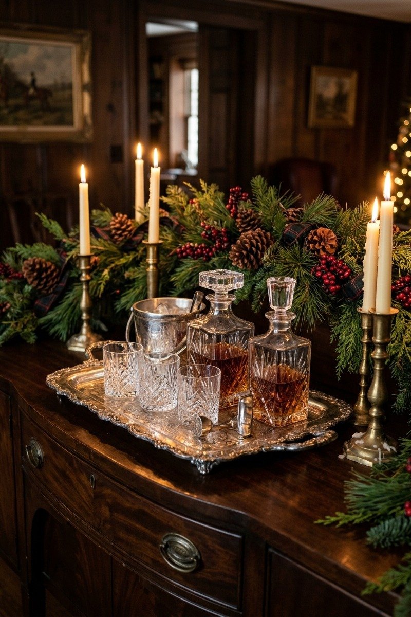 Silver and crystal on a Christmas sideboard