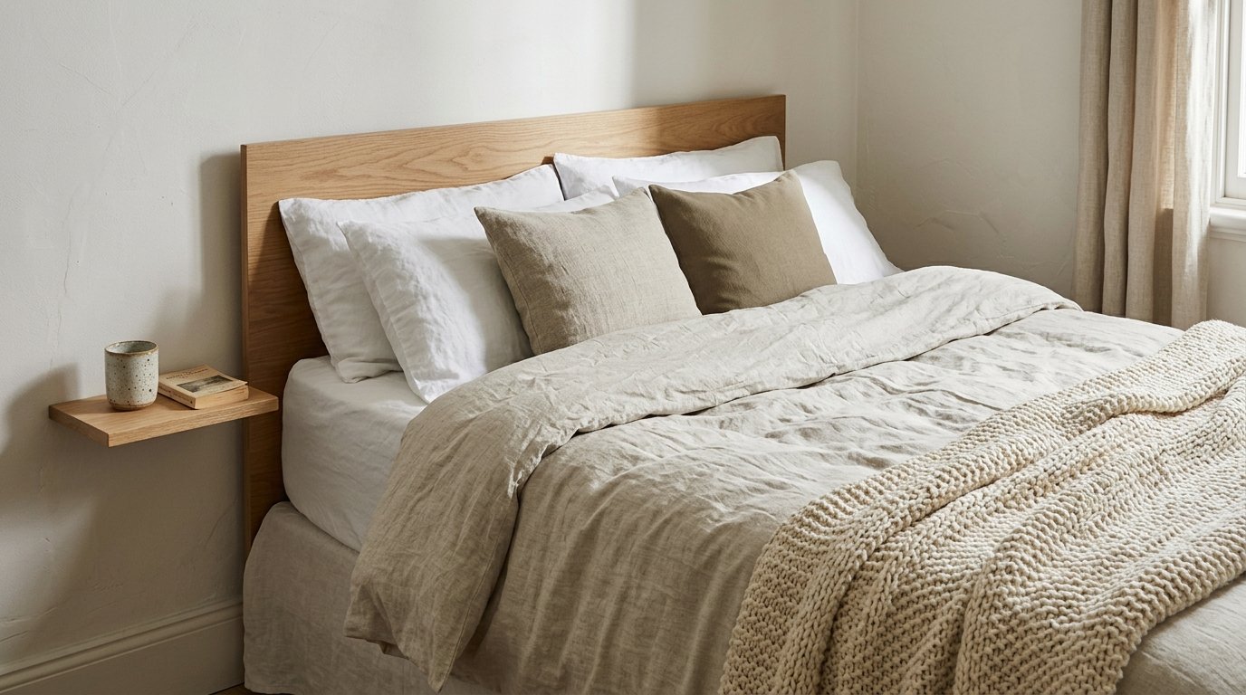 Light linen bedding with a knitted throw on a bed in a small bedroom