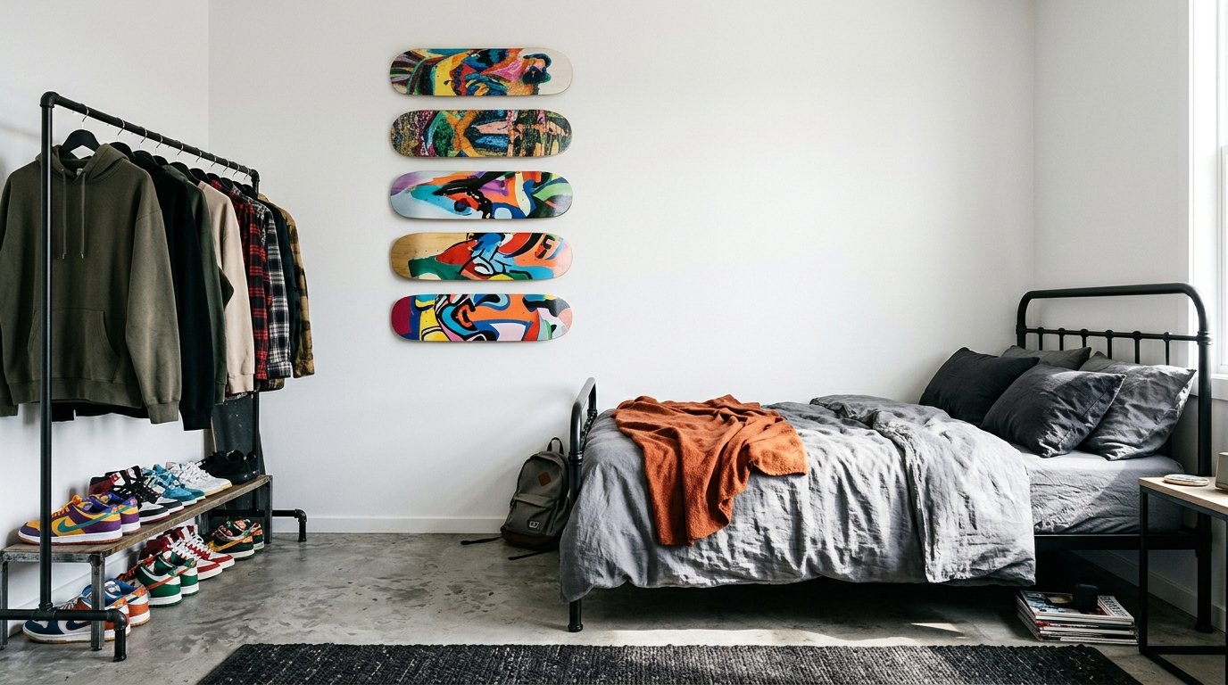 Skateboard decks mounted on the wall as art in a streetwear-inspired teen boys bedroom