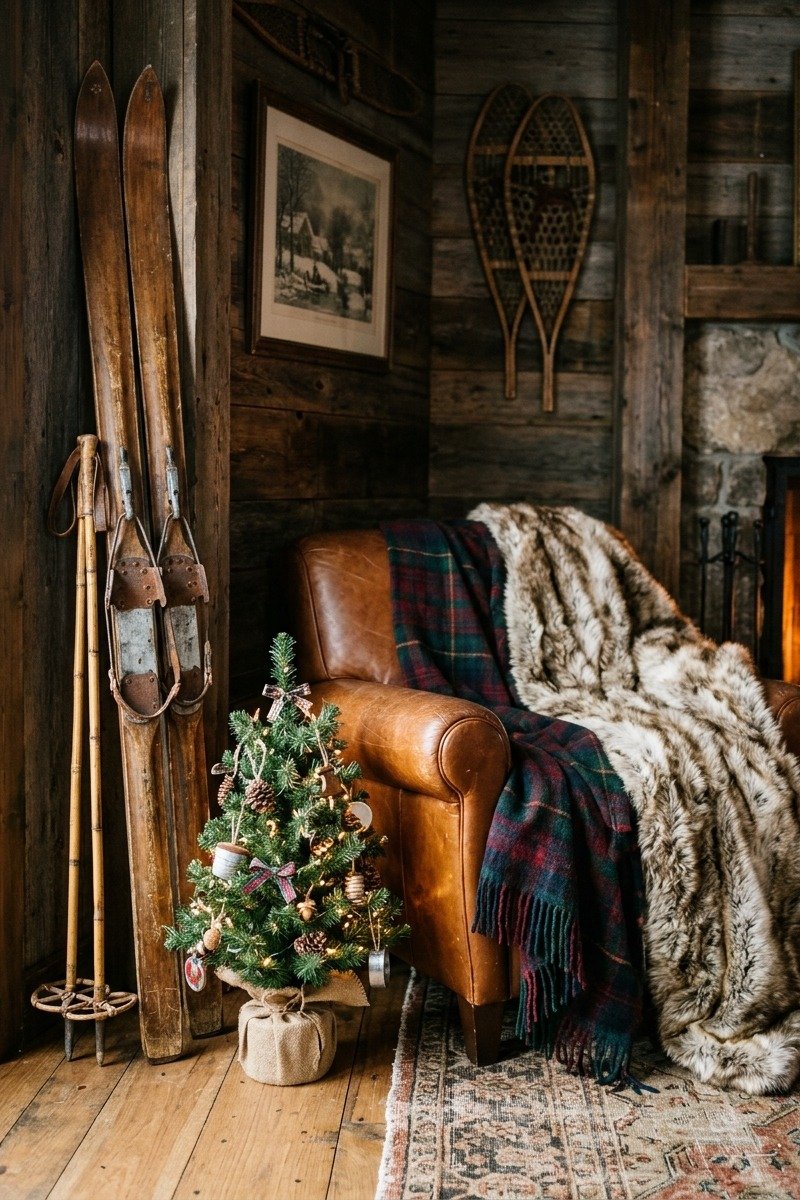 Ski chalet Christmas decor with vintage skis
