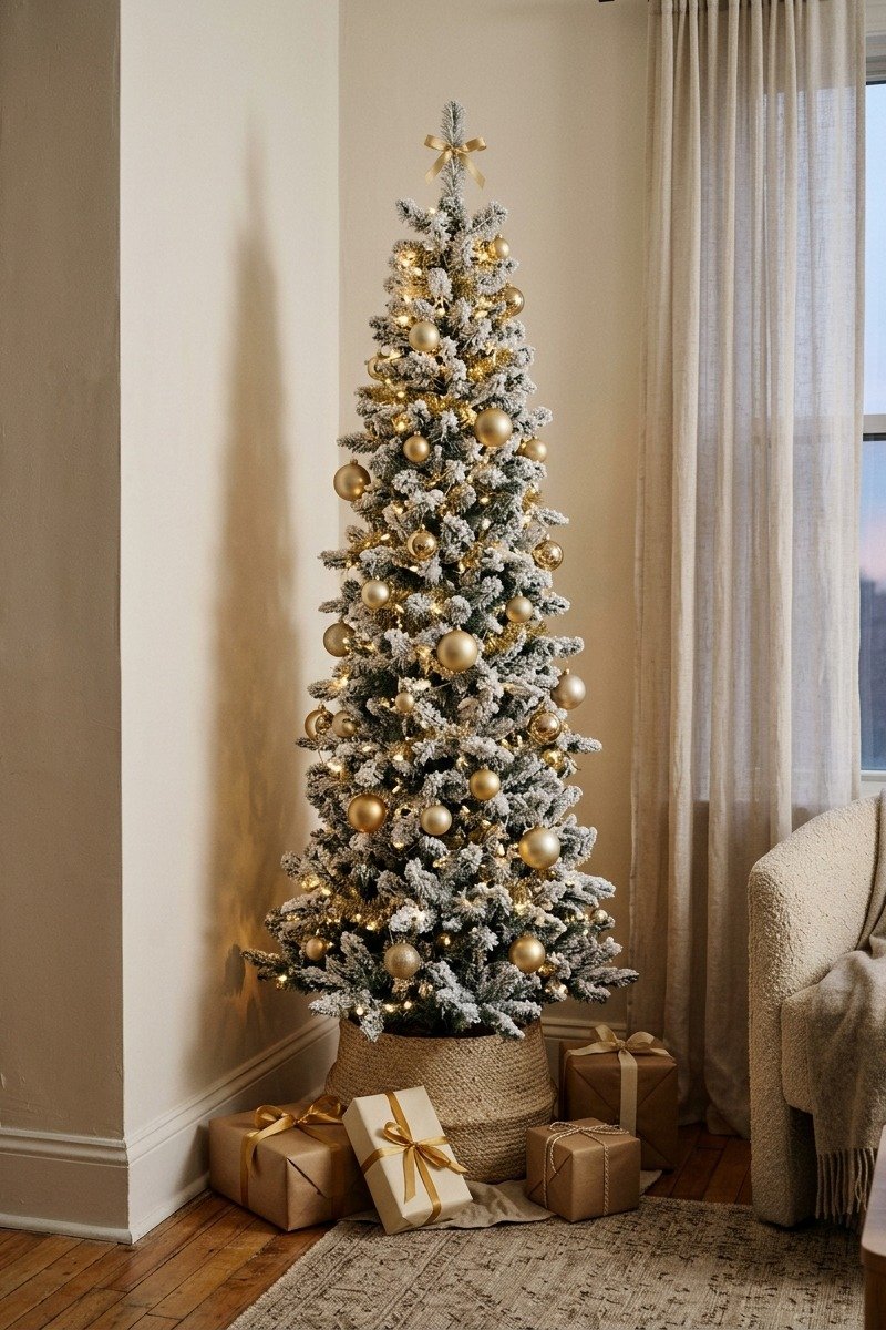 Slim flocked pencil tree in a small room