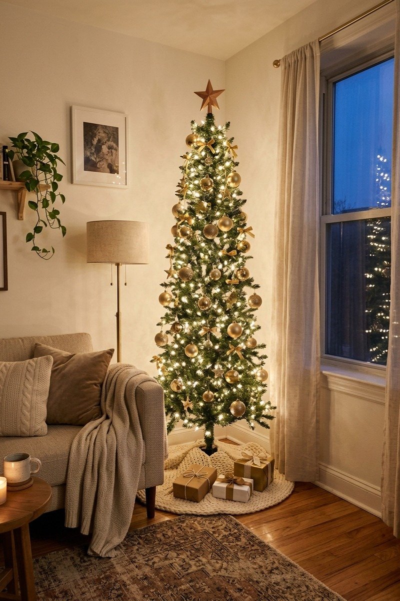 Slim pencil Christmas tree in a small apartment