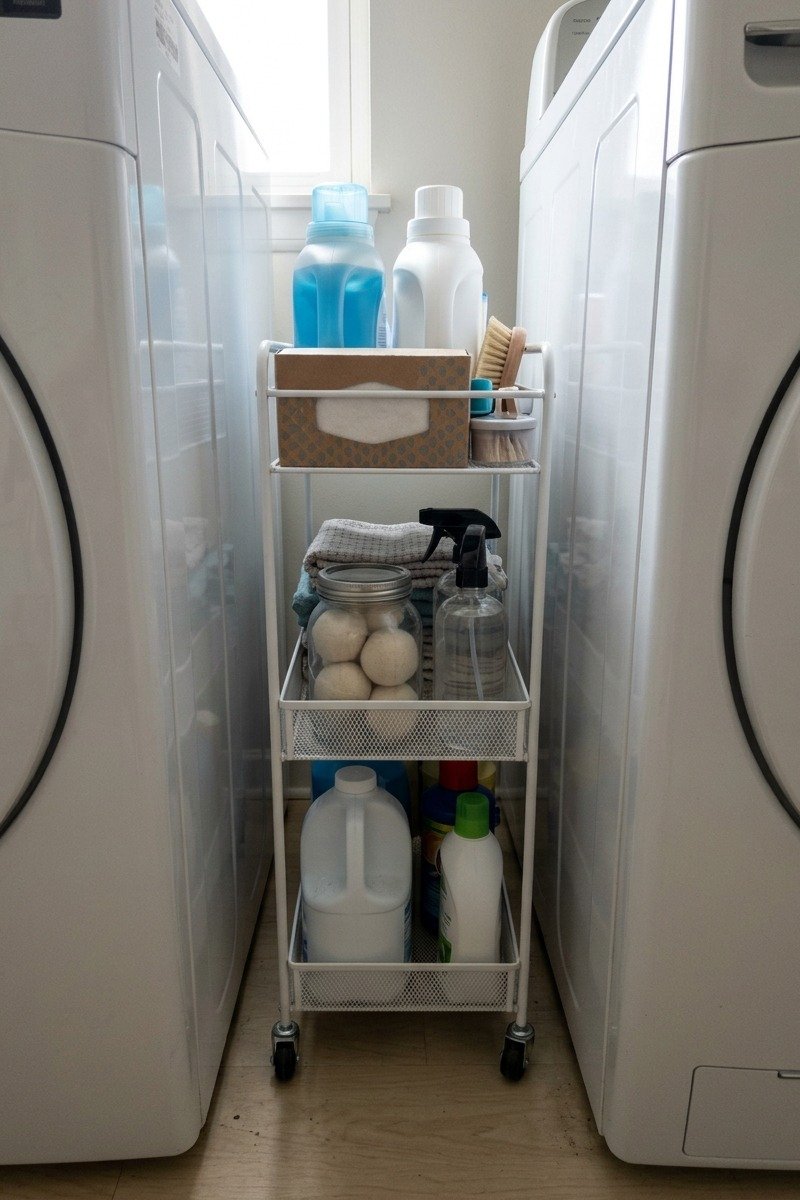 Slim rolling cart between washer and dryer