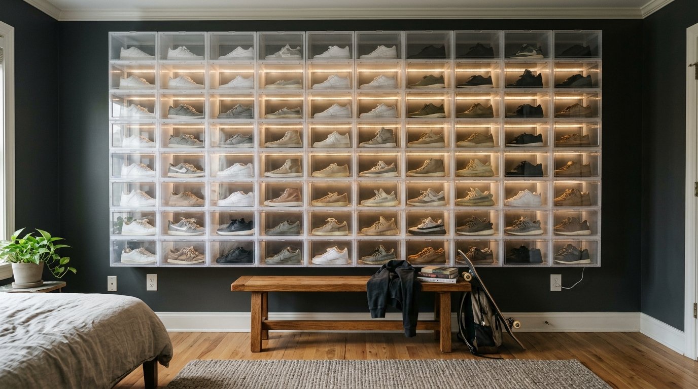 Sneaker display wall with clear boxes and shelves in a teen boys bedroom