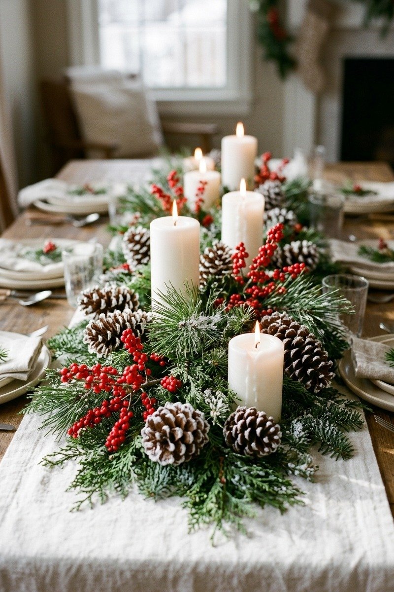 Snowy pinecones and red berries centerpiece