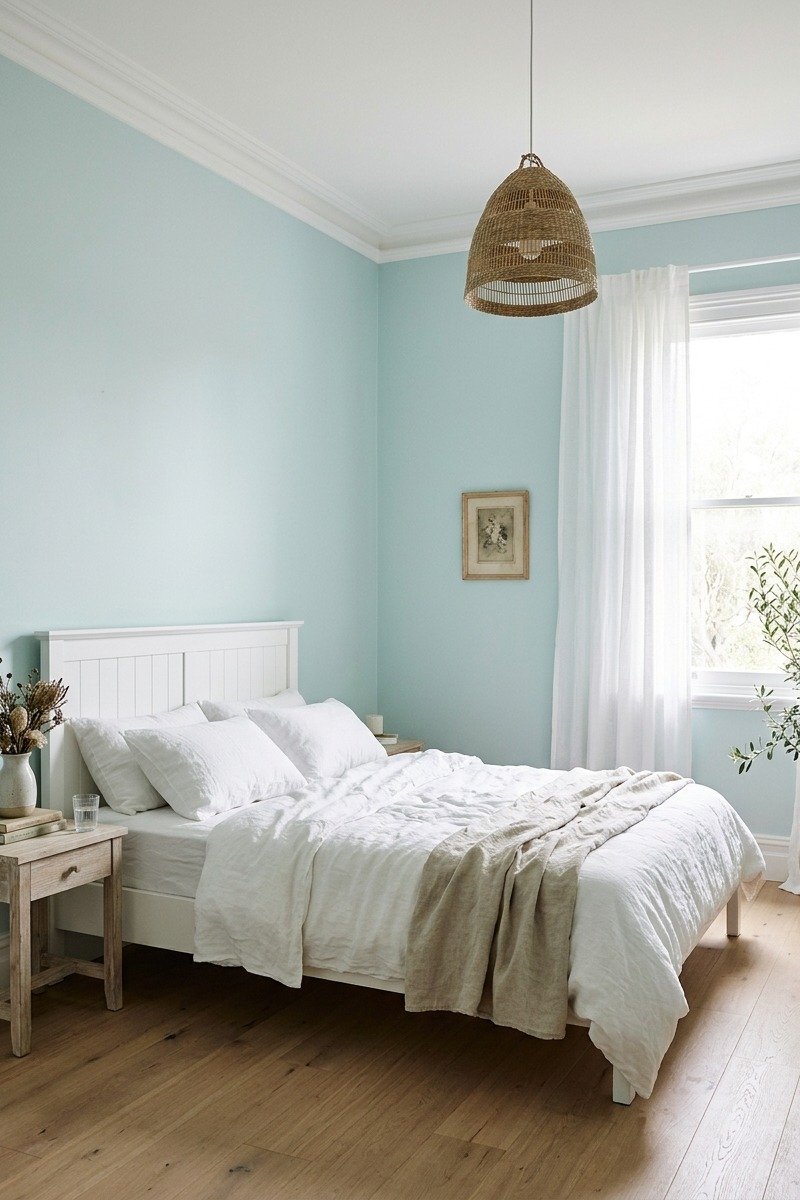 Bedroom with soft aqua walls and bright white trim