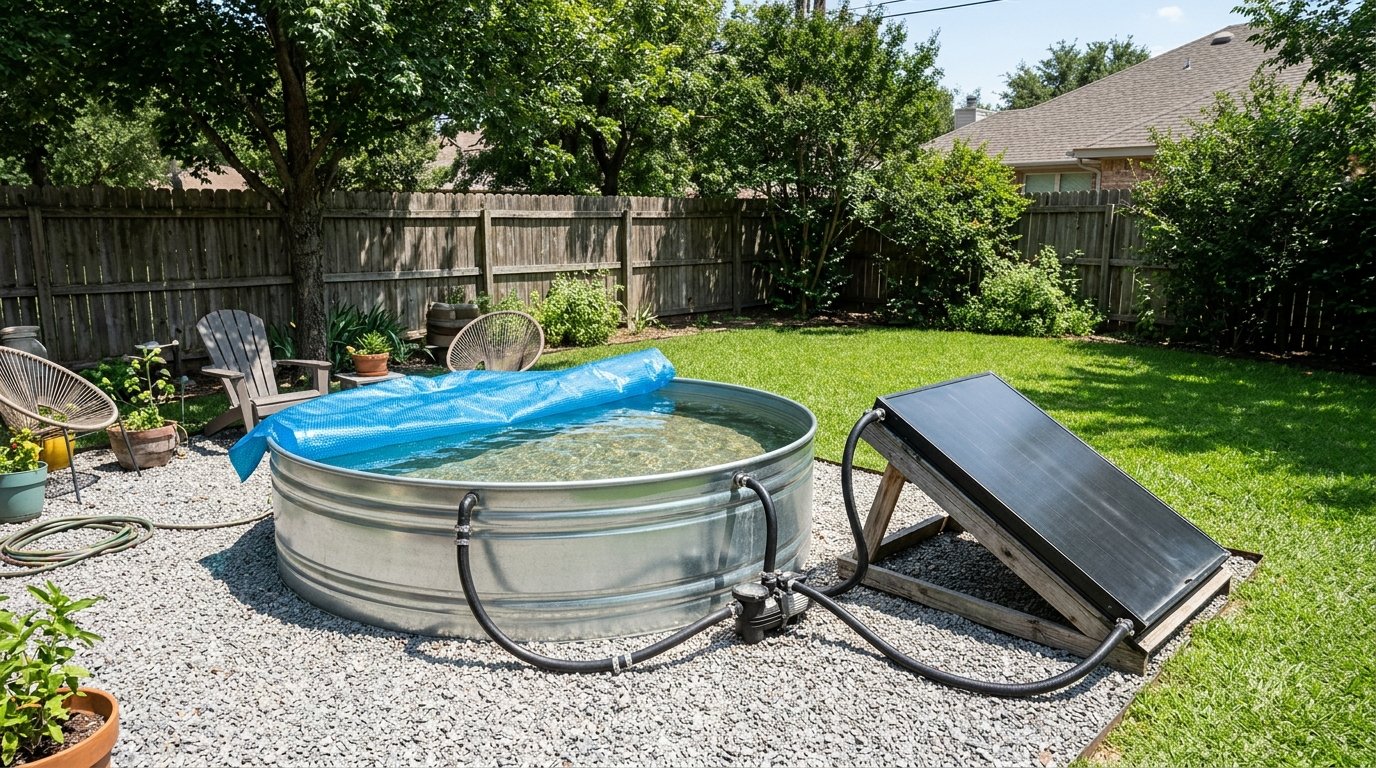 Stock tank pool with solar heater panel and solar cover in a sunny backyard