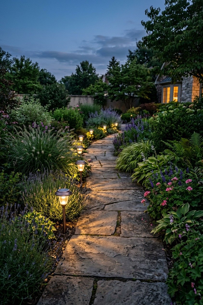 Solar path lights in a garden