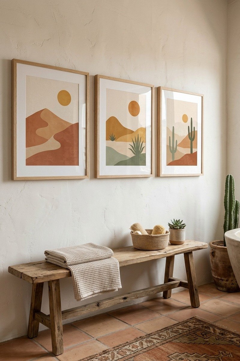 Southwestern wall art in a bathroom