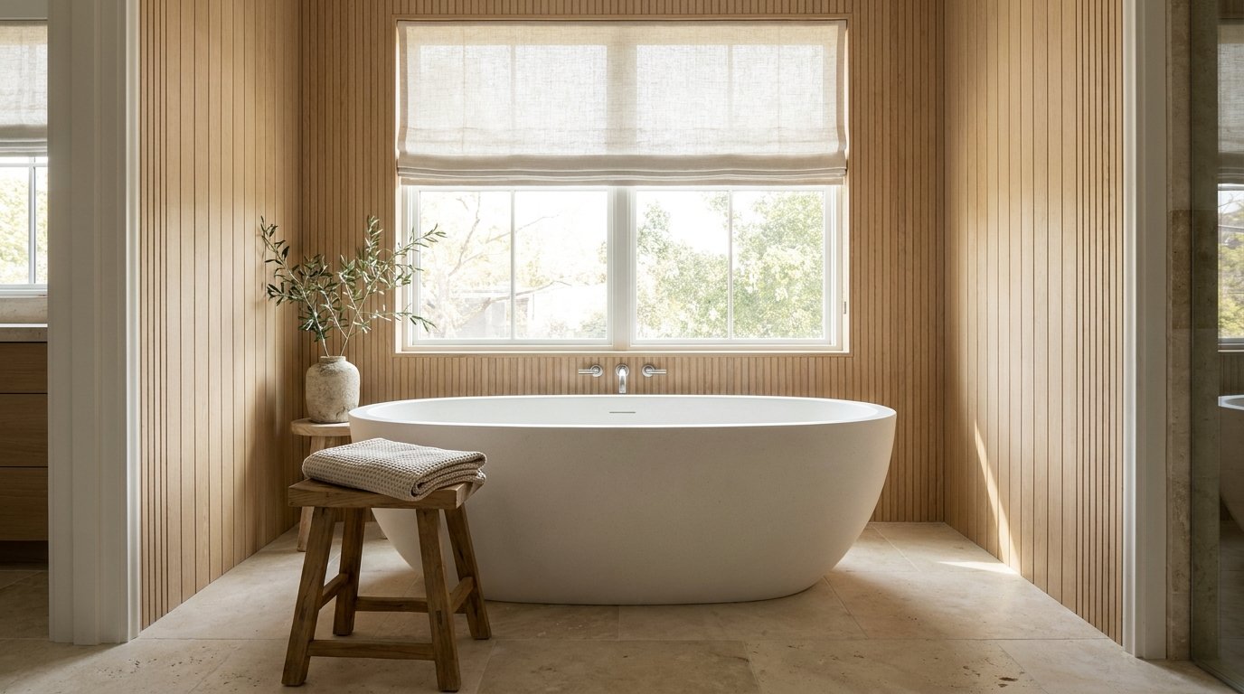 Spa-style luxury bathroom with freestanding stone tub, white oak slatted walls and travertine floor
