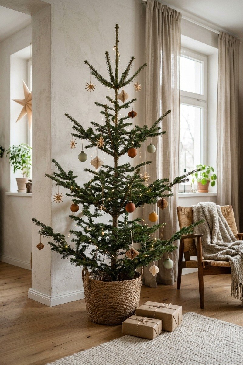 Sparse natural Christmas tree with few ornaments