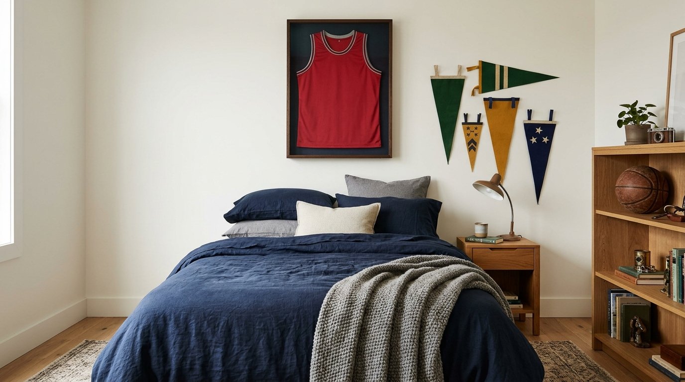 Sports-inspired older boys bedroom with framed jersey and vintage pennants