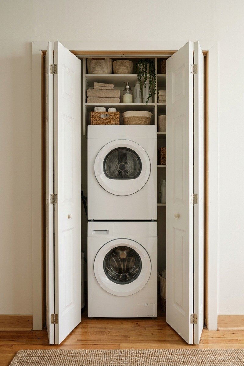 Stacked washer and dryer in a closet