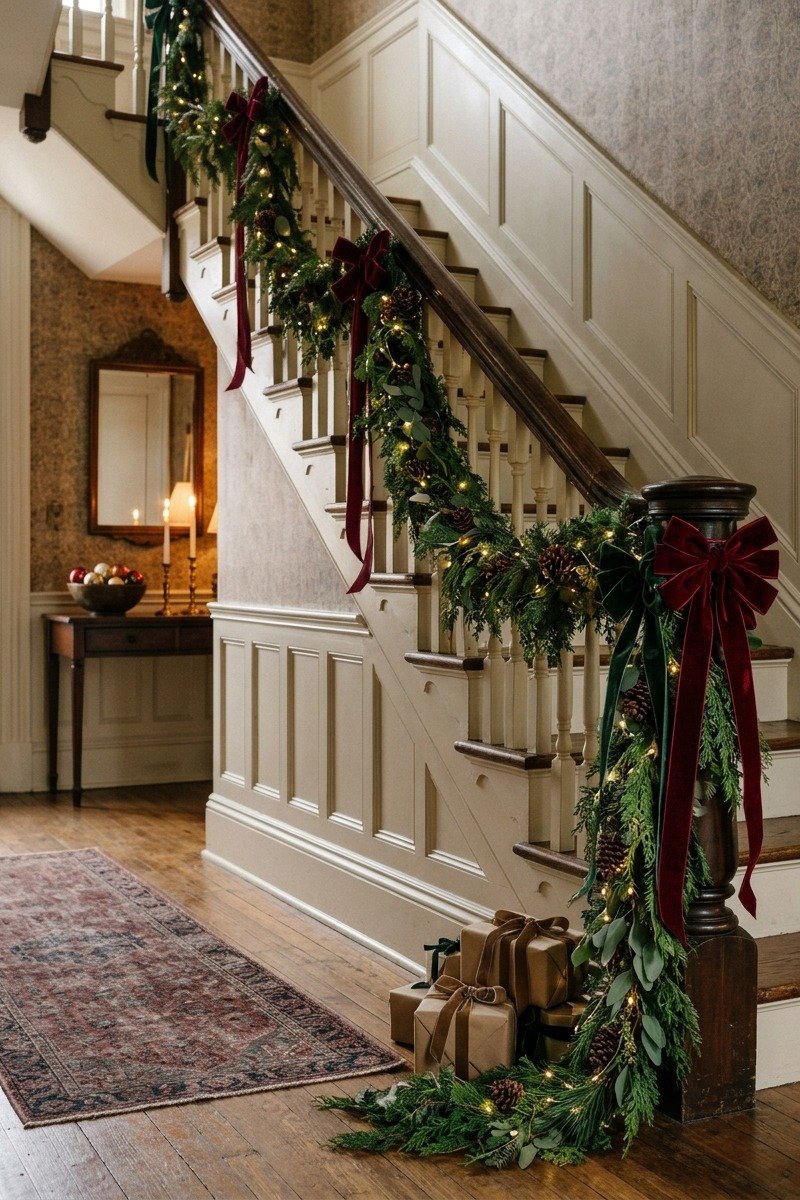 Lit garland on a staircase banister