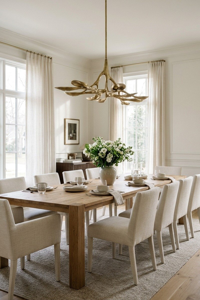 Dining room with a statement brass chandelier over a wood table