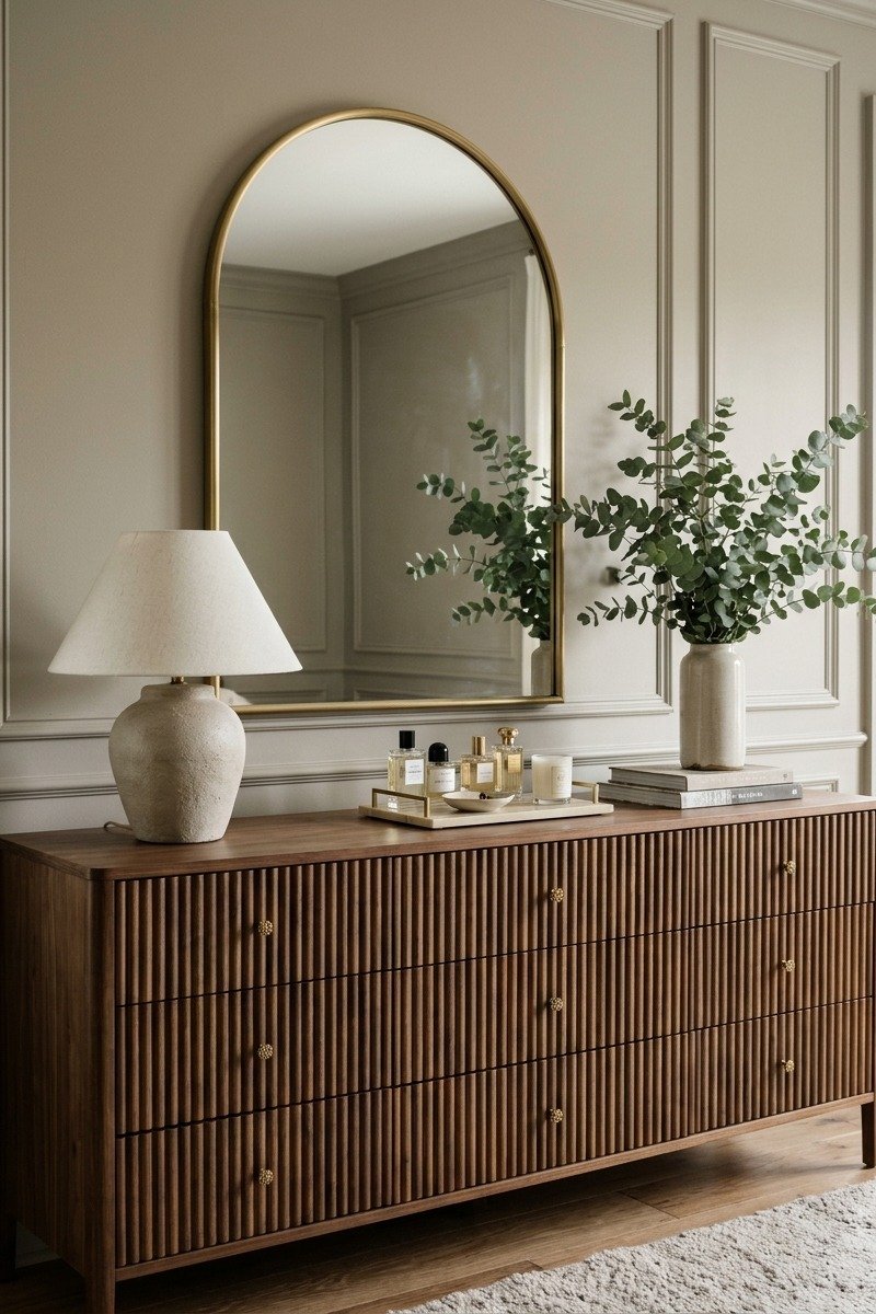 Walnut dresser with brass hardware and a mirror in a master bedroom